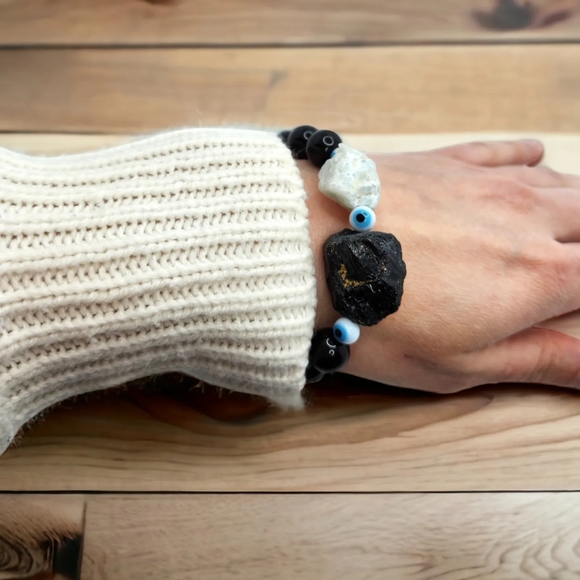 Black Obsidian, Amazonite, Evil Eye Bracelet 10 mm - Picture 2 of 4